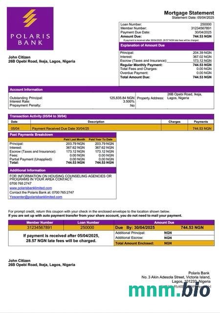 Nigeria Polaris Bank wyciąg z kredytu hipotecznego szablon Word i PDF